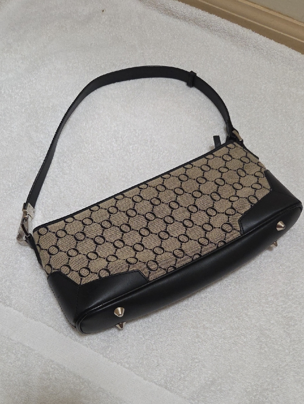Oroton Signature Canvas & Leather Shoulder Bag Black Beige Monogram Baguette